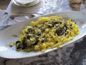 We also had homemade fettuccini with black truffle - it was divine!  The pasta is so yellow from the deep yellow yolks of the eggs that my chickens lay.