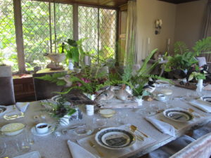 The table for brunch the next day was set with a woodland theme in mind.  We even used some of my taxidermy aquatic birds.