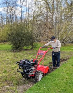 Here's Phurba using our Troy-Bilt “Big Red” model to till the garlic patch. On rear-tine tillers like this, wheels are standard operating equipment. This has a 20-inch tilling width and a 12-inch tine diameter.