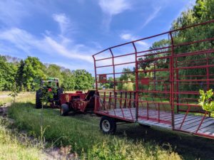 In just a few minutes, everything is ready to go. Carlos begins in the lower hayfields. I have three separate areas for growing hay. They are all planted with a mixture of timothy, orchard grass, Kentucky bluegrass, ryegrass, and clovers - all great for producing good quality hay.