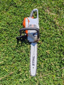Pete uses our STIHL chainsaw. STIHL designed and built its first electric chain saw in 1926 and 94 years later, it is still one of its best pieces of equipment. This one is run on an AP 300 S Lithium-Ion Battery, which is powerful and compatible with a wide range of other STIHL tools.
