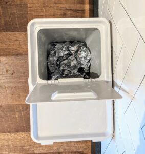 Other waste materials are collected and recycled at various treatment stations. Here is a bin for collecting hair foils typically used for applying highlights.