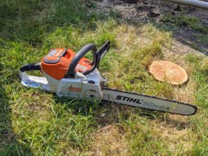 Pete uses our STIHL chainsaw. STIHL designed and built its first electric chain saw in 1926 and 94 years later, it is still one of its best pieces of equipment. This one is run on an AP 300 S Lithium-Ion Battery, which is powerful and compatible with a wide range of other STIHL tools.