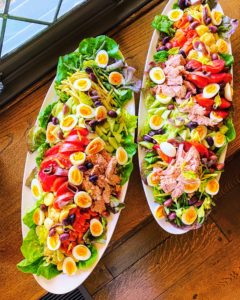 For lunch - large platters of tuna salad nicoise prepared by Chef Pierre. We used vegetables from my garden, and eggs from my chickens. It was superb.