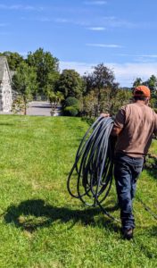 The Flexogen hose is the strongest, lightest hose in its class. Phurba carries two hoses down to the Boxwood Allee. These hoses curve without kinking, connect without leaking and are easy to store.