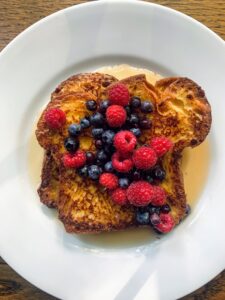The leftover brioche made for some delicious French toast! This topped with blueberries and raspberries.