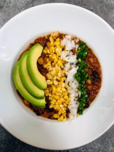 On another evening, we enjoyed chili. Chef Molly made a three-bean chili with black beans, white beans, and garbanzo beans, onions, garlic and lots of spices including silk chili. Toppings included avocado, corn, jalepenos, crushed tortilla chips, scallions, sour cream and cheddar cheese - it was another big hit.