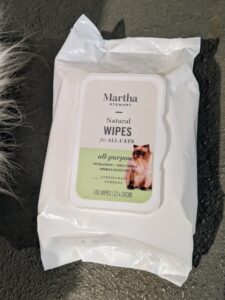 One of our favorite grooming products is my own Martha Stewart Pets Lemongrass Verbena Cat Wipes. These wipes are available in my shop at Amazon.com. They help remove dirt, odors, and stains from the cat's delicate coat while conditioning the skin. They're perfect to use daily. Also check my Amazon Shop for dog and puppy Wipes.