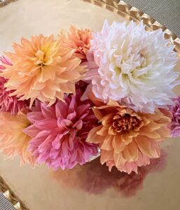 This arrangement sits on a coffee table tray in my new sitting room where I often join Zoom business meetings and appearances. At the end of the growing season, dig and store dahlia tubers for the winter to replant next year. If you don’t already, I hope this inspires you to grow your own dahlias. What are your favorite varieties? Share them in the comments below.
