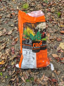 I always say, "if you eat, so should your plants." For these plants, we're using M-Roots fertilizer with mycorrhizal fungi, which helps transplant survival and increases water and nutrient absorption.