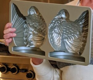I love these five-cup turkey molds. They are from Nordic Ware. They can be used for cornbread, cranberry sauce, or even cake.