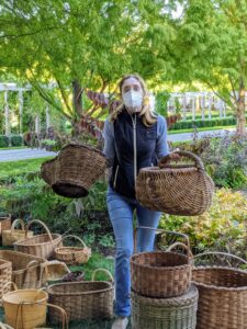 Here is Joanie helping with our basket organizing project. This day was a bit humid; however, this was okay for the baskets as it keeps them from drying out and cracking.