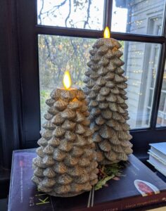 And don't forget my Glitter Holiday Tree Pillars – available in silver, white, or champagne. These wax figural candles covered in glitter are so pretty. They come in two sizes – 6 inches tall and 9 inches tall.