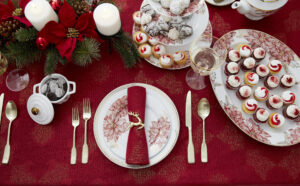 Also at Macy's, my Martha Stewart Collection Holiday Poinsettia 12-Piece Dinnerware Set. Transform seasonal dining with the elegant white, red and gold porcelain design service for four. Salad plates feature a bold botanical print; dinner plates and cereal bowls are trimmed with a gold-tone border motif.