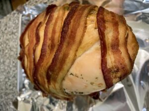 For dinner, they had this bacon-wrapped turkey breast. It was the perfect size for the three of them.