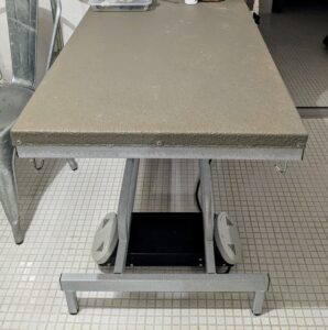 In the basement of my Winter House, I have a hydraulic grooming table. It has a durable Z-lift base and can be controlled from both sides. The table also has a non-slip rubber surface, so pets don't slip.
