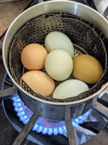 Place the eggs carefully into the steamer - six is enough for one layer of eggs in this pot. Try not to stack the eggs if possible.