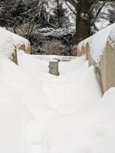 This photo was taken from the steps of the Summer House. The footpath and most of the faux bois base for the sundial are completely covered. The new snow covering the old snow drifts and piles looks almost artistic in its form.