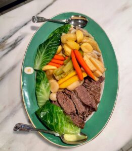 Everything was so beautiful, and delicious - the corned beef, which I prepared and brined for a week, came out so tender and flavorful. The vegetables were also very tasty - fresh cabbage, turnips, parsnips, celery, potatoes, and cabbage.