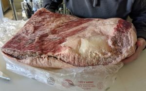 Here is another view of the brisket. Brisket is a cut of beef from the chest of the animal. The thickest part of the brisket is called the “point” and the thinner, more uniform part of the brisket is called the “flat”.