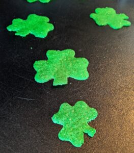 Shamrocks! And they're green, of course. Chef Pierre just added a couple drops green food coloring to the batter. The recipe is also on my web site, but just click here to get it. These fun cookies can be made into any shape or color.