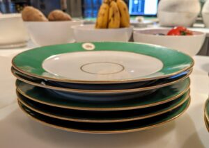 Dessert plates were placed on another counter. It's always a good idea to have all the china close at hand and ready to use ahead of time, so there is no fumbling for items later.