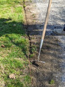 Once a section has been edged, Fernando pulls up any existing vegetation between the cut edging line and the lawn using a collinear hoe. This tool has a thin blade that rides flat and collinear with the soil surface, slicing off the unwanted turf.