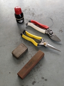 Once a week, my gardeners like to take stock of their cutting tools, and clean and sharpen their hand pruners and snips. For this task, Brian uses a coarse cleaning block, a whetstone, and oil.