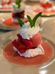 And our delectable dessert of poached rhubarb on a nest of meringue in this Pavlova topped with fresh whipped cream was amazing. Rhubarb grows so well here at the farm – it is tart yet sweet and delicious in all kinds of desserts as well as savory dishes. It was a great dinner had by all. Please look at my Instagram page @MarthaStewart48 for additional photos. I hope this post inspires you to do some spring entertaining this weekend.