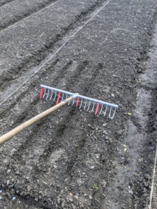 This rake is so light and easy to use. It is 29-inches wide, with a Swiss aluminum head. It also has 20 four-inch curved teeth to grab stones and debris when pulled, then level and smooth when pushed. The hard plastic red tube row markers, also available at Johnny's, slide onto selected teeth of the Bed Preparation Rake to mark rows or to create a grid pattern for transplanting.