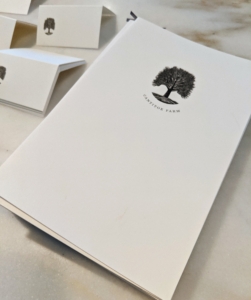 Whenever I host dinner parties, I always include a menu for each guest – it is a personal detail that is very important to me. The card stock is printed with the symbol of my farm – this great sycamore tree of Cantitoe Corners.