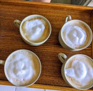 After the garden tour, guests sat out on my terrace parterre for coffee and juice. Of my guests, four wanted cappuccinos.