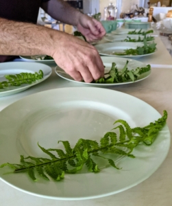 For the main course, Chef Pierre decorates all the plates with fern fronds from the garden. Don't be afraid to use the foliage to decorate a plate - these simple details make a beautiful presentation.