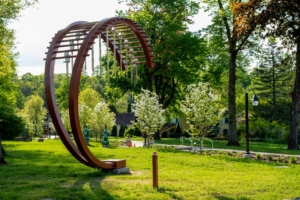 On the Caramoor grounds, guests saw this newly commissioned sound art sculpture, in"C", created by Trimpin. Born Gerhard Trimpin, Trimpin is a kinetic sculptor, sound artist, and musician. His work integrates sculpture and sound across a variety of media. (Photo by Gabe Palacio for Caramoor)