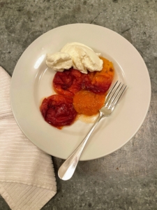 For dessert, we had baked apricots and peaches from Frog Hollow Farm in Brentwood, California. These fruits are baked with just a sprinkling of sugar in buttered dishes and then served with a dollop of creme fraiche.