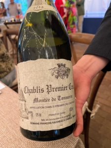 This is a 2013 François Raveneau Chablis 1er Cru Montée de Tonnerre. It was paired with the First Course of Crab Salad with panther soy beans and hakurei turnip.