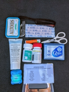Aside from all the vital safety and roadside repair supplies every car should have, I also keep a few personal items I think are important. Everyone's list is different, but mine includes bandages, aspirin, dental floss, hand cream, lip balm, a comb, scissors, and breath fresheners.