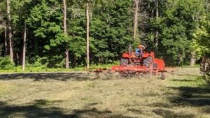 Here is the tedder moving up and down the field taking all the greener hay from the bottom and turning it over to dry.