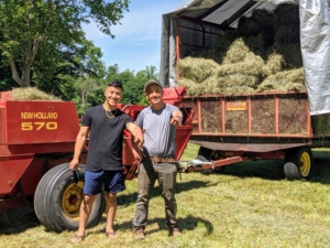 Chhiring, MingMar, and the drone stopped for a quick photo. Once the trailer is full, it is brought to the stable, where the hay is unloaded and stored. I am so excited to see all these bales of hay made right here at my farm. Below is a short video of the bales shooting into the trailer.