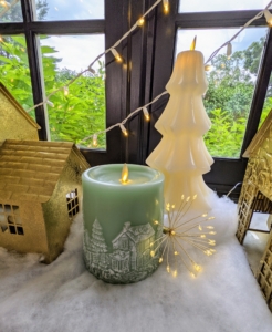My flameless candles are so popular - there are so many from which to choose. These are my Embossed Farm Scene Candles and my Geometric Holiday Tree candles.