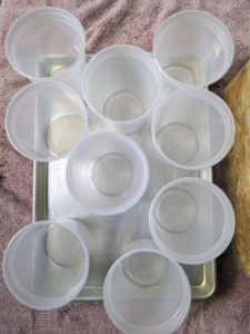 These quart-sized containers were pulled from the rack and laid out. This step of filling the containers is done in a production line process, so it can be completed quickly and efficiently.