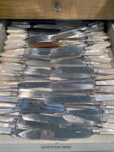 This drawer is specifically used to store my mother of pearl flatware. Both silver and those with special handles should never be placed in the dishwasher. The detergents’ aggressive chemicals, combined with the washer’s high cleaning temperature, will eventually turn the silver grey or white, with a dull, non-reflective surface.