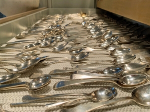 In my Winter House servery, I have several shallow drawers specifically designated for storing silver spoons, forks, and knives. I use these pieces often for entertaining, so they are very lightly tarnished – some pieces don’t even look tarnished at all, but it is always a good idea to clean silver regularly, so it doesn’t develop a thick coat of tarnish that is harder to remove. Polishing them a couple times a year is generally sufficient to keep everything in good condition.