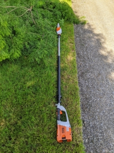 For pruning the bald cypress, Brian uses this telescoping pole pruner from STIHL. It has a quiet, zero-exhaust emission, and is very lightweight. Plus, with an adjustable shaft, the telescoping pole pruner can cut branches up to 16 feet above the ground.