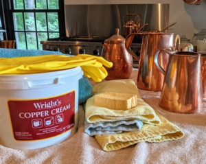Before starting any chore, always get all the supplies ready to use. There are several ways to clean copper. Experts recommend using a good-quality, non-abrasive commercial copper polish. I’ve been using Wright’s metal creams for years. Wright’s Copper Cream is a gentle formula that cleans and shines – it’s also great for brass. We also get out our gloves, sponges, brushes, and drying towels.