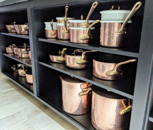 These pots are placed with other like pieces on the black shelving underneath my large soapstone island. It’s always so satisfying to check off time-consuming cleaning chores. Enma, Elvira, and Carlos got the task done in one day. The copper is now ready for my next cooking shoot in this kitchen!