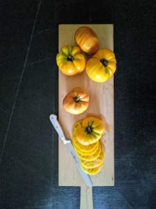 Look how gorgeous this cut tomato from my garden looks on the black marble table. The knife is from Wustof, a longtime favorite for cutting tools.