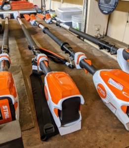 The crew loves the telescoping tools from STIHL. The telescoping pole pruners have a quiet, zero-exhaust emission and a low vibration option for trimming overhead branches. It offers lightweight, balanced cutting thanks to its brushless, commercial-grade, high-torque electric motor.