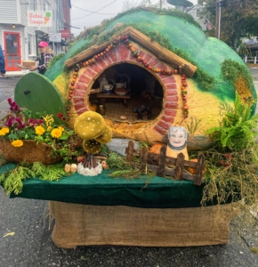 This creation drew lots of attention - it's a pumpkin hobbit house.