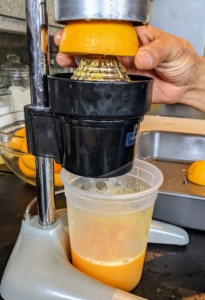 Moises squeezes oranges for refreshing juice. I love this Hamilton Beach Commercial Citrus Juicer. It makes juicing a lot of oranges so easy - I've been using these for years.